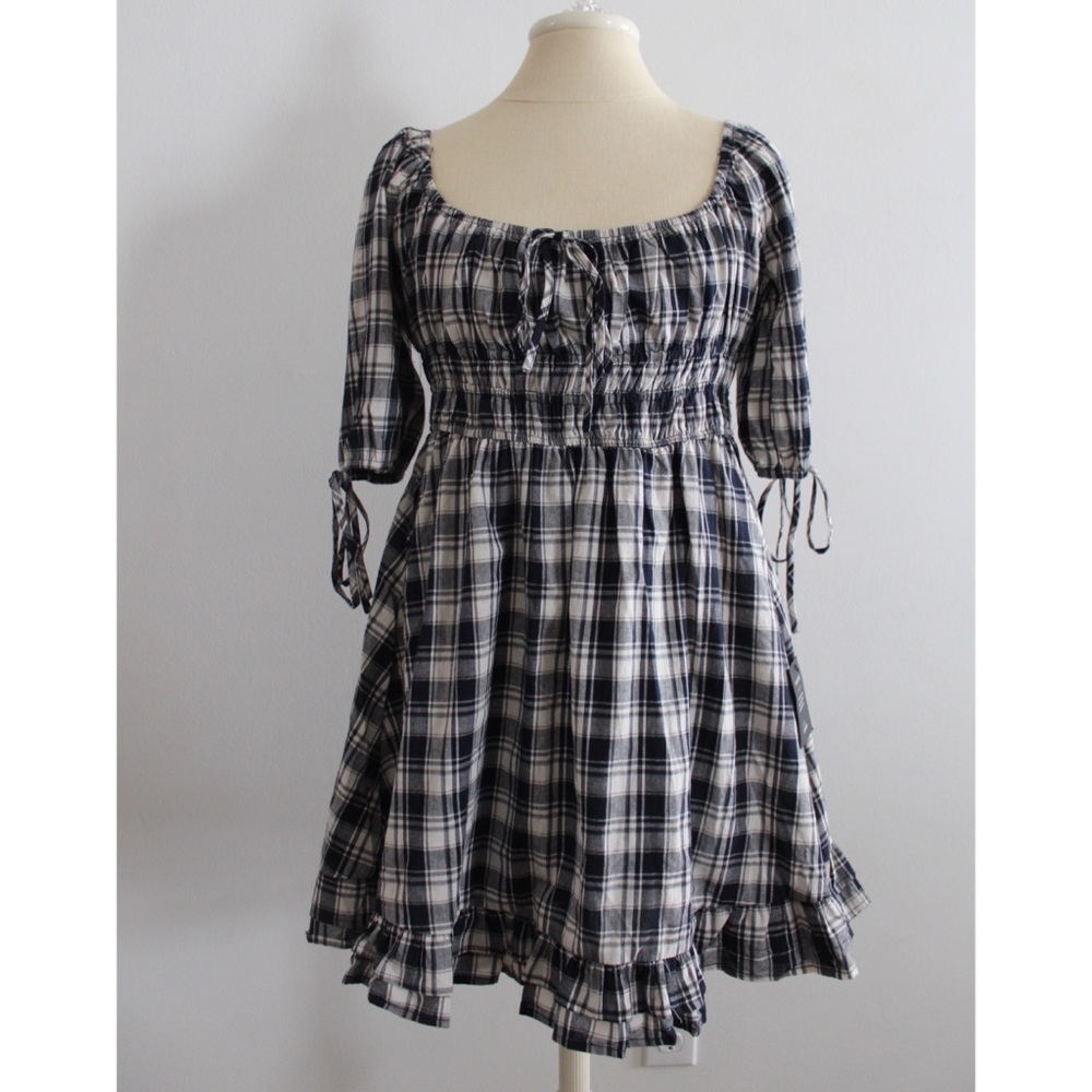 Lulus NWT Plaid Countryside Aura Navy Blue Plaid Short Sleeve Mini Dress Small - Picture 2 of 14